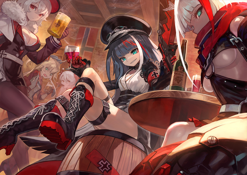 5girls, admiral_graf_spee_(azur_lane), admiral_hipper_(azur_lane), ahoge, alcohol, antenna_hair, armband, azur_lane