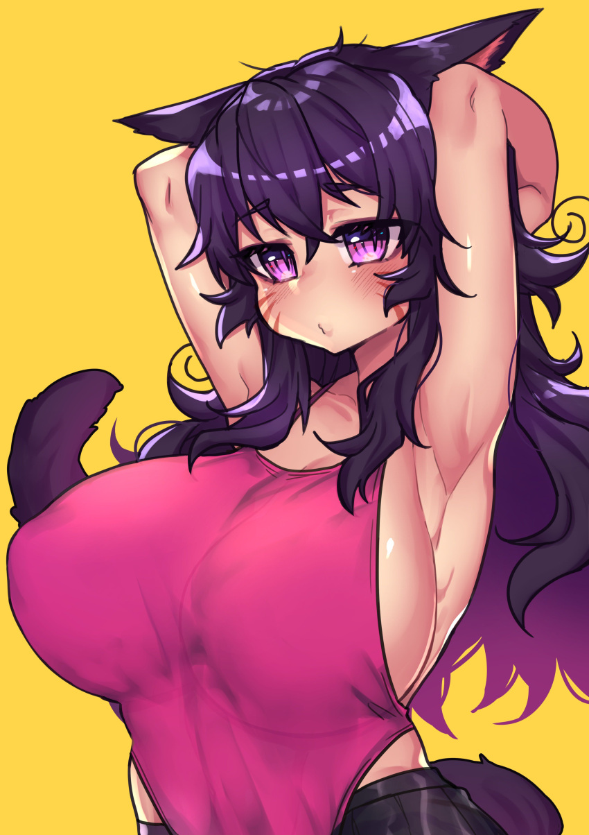 1girl, absurdres, animal_ears, armpits, arms_behind_head, arms_up, blush, breasts