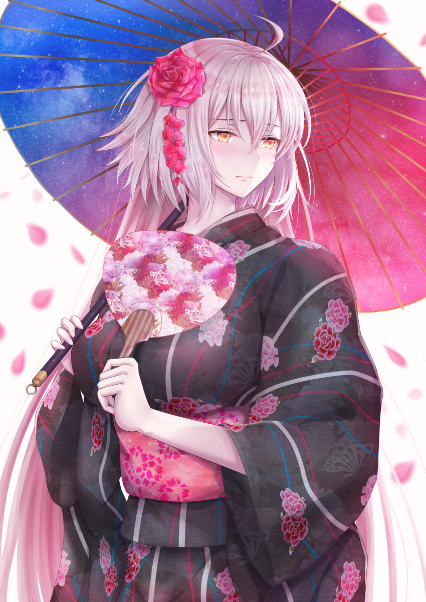 1girl, absurdres, ahoge, alternate_costume, bangs, black_kimono, blurry, blush