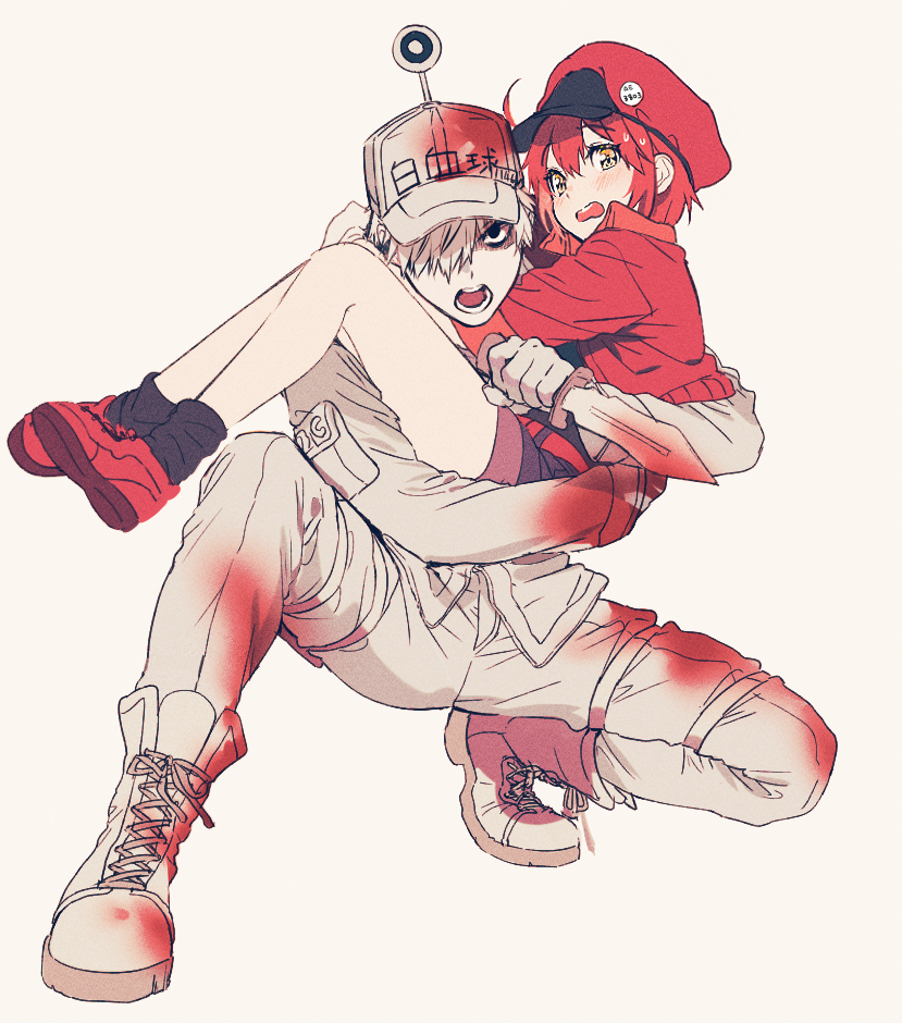 1boy, 1girl, ae-3803, baseball_cap, black_eyes, black_shirt, blood, bloody_clothes