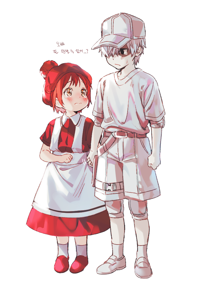 1boy, 1girl, ae-3803, apron, baseball_cap, belt, black_eyes, blush