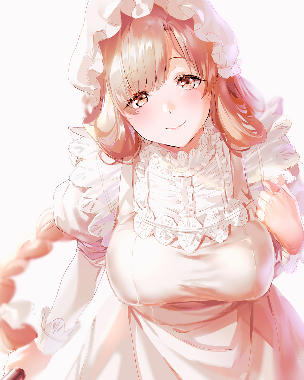 1girl, apron, bangs, blush, braid, breasts, closed_mouth, eyebrows_visible_through_hair