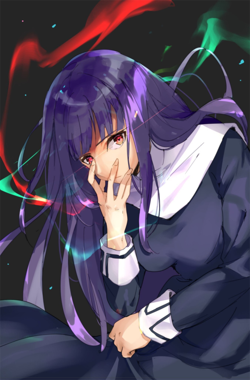 153107, 1girl, asagami_fujino, bangs, blue_dress, breasts, dress, energy, fate/grand_order, fate_(series), hand_on_own_face, highres, japanese_clothes, kara_no_kyoukai, long_hair, long_sleeves, purple_hair, red_eyes, school_uniform, solo