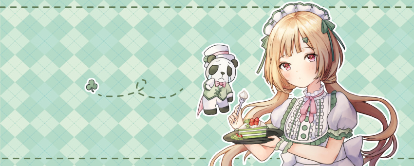 1girl, brown_hair, cake, character_request, closed_mouth, clover_hair_ornament, cuisine_dimension, duino