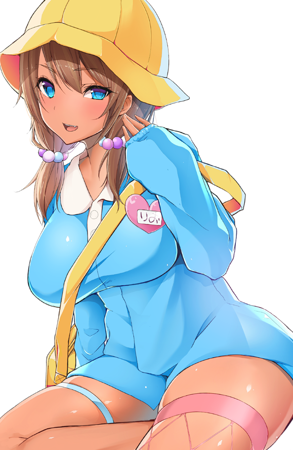 1girl, bag, blue_eyes, blush, breasts, brown_eyes, bun_(hiyokomame), dark_skin
