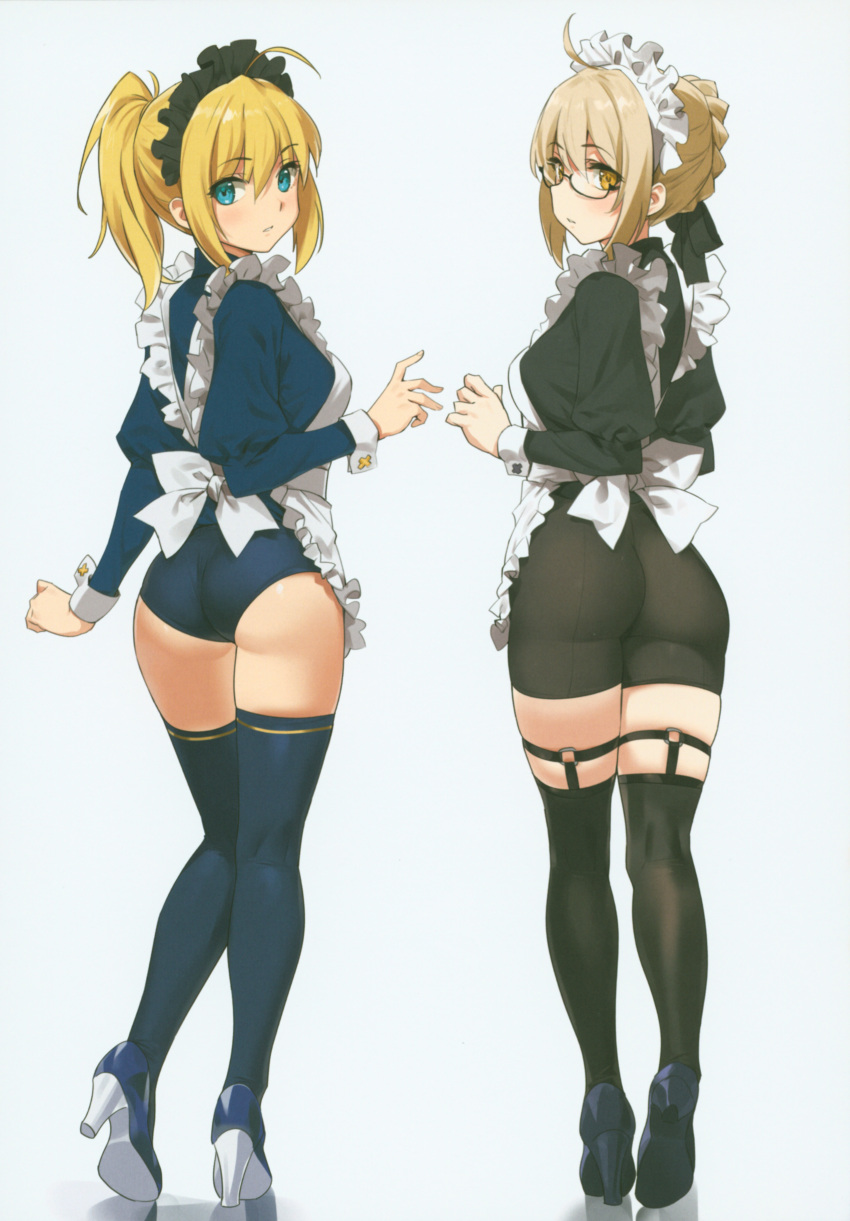 2girls, absurdres, ahoge, alternate_costume, apron, artoria_pendragon_(all), ass, bangs