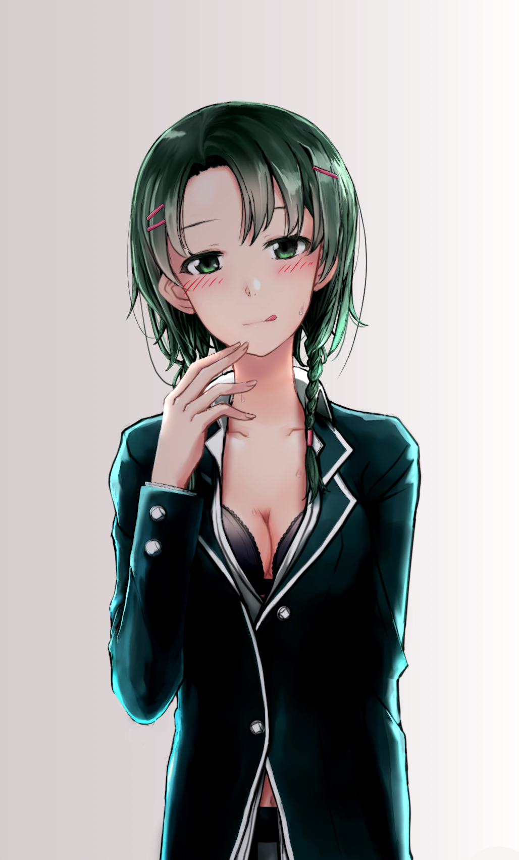 1girl, blush, bra, breasts, cleavage, green_eyes, green_hair, grey_background
