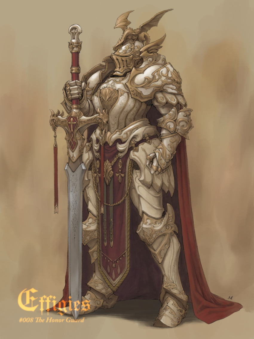 1boy, absurdres, armor, check_commentary, commentary_request, fantasy, full_armor, full_body, gauntlets, greaves, helmet, highres, holding, holding_sword, holding_weapon, male_focus, nishi, original, ornate_armor, pauldrons, plate_armor, sabaton, simple_background, solo, sword, weapon