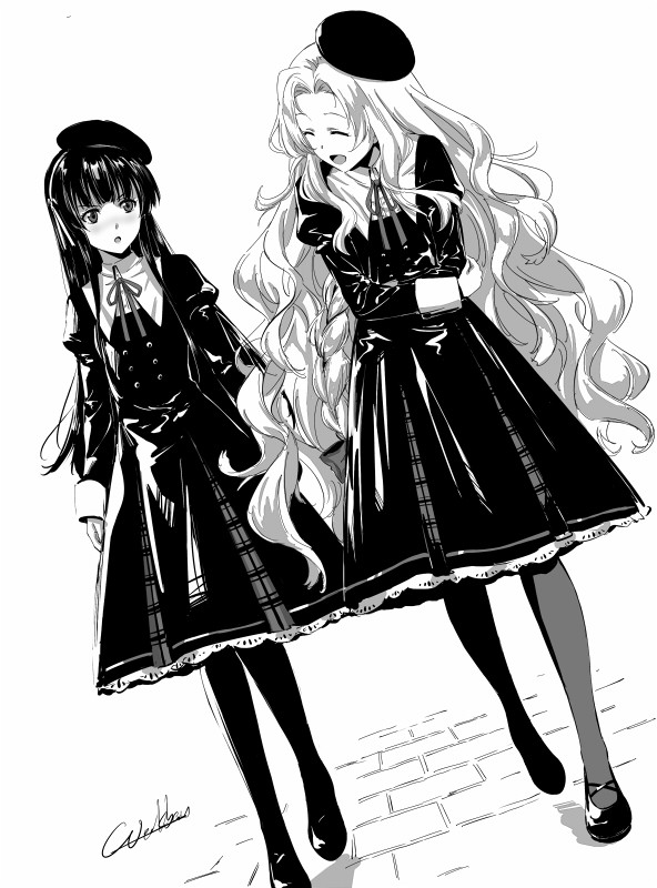 2girls, alfin_reise_arnor, beret, blush, breasts, closed_eyes, crossed_arms, dress