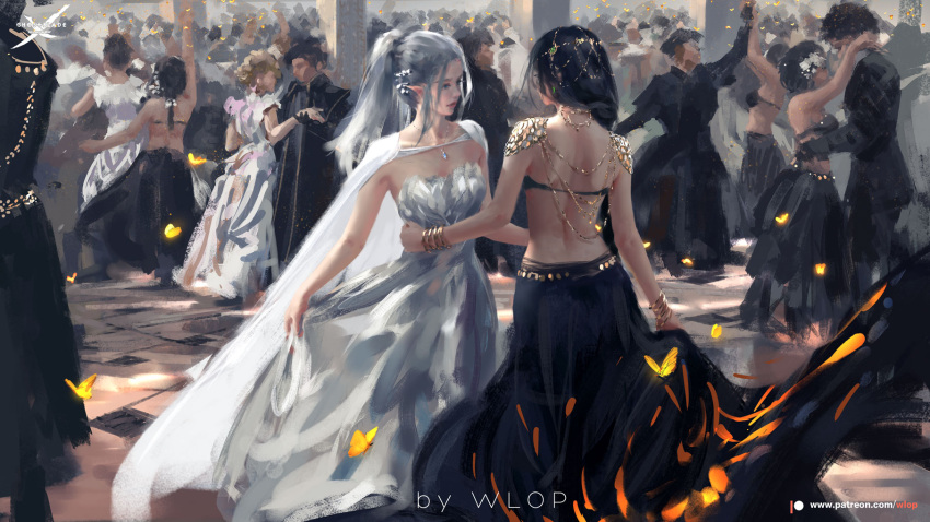 6+boys, 6+girls, artist_name, ballroom, bikini_top, black_hair, blurry, bracelet