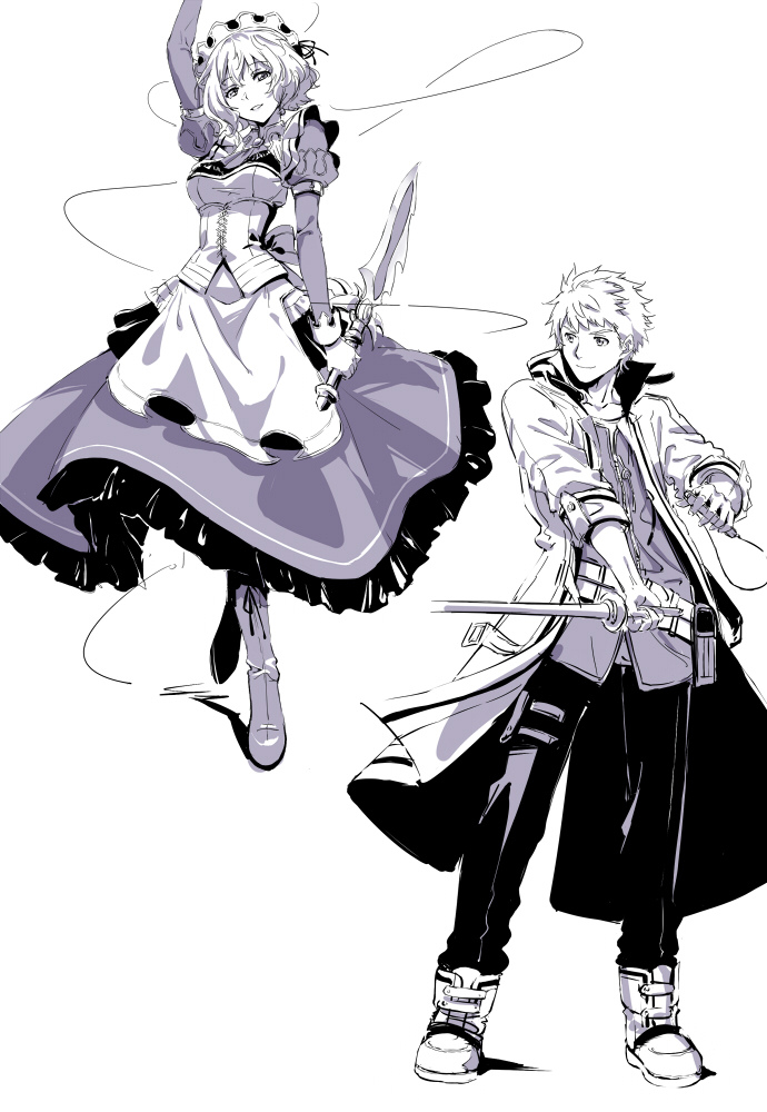 1boy, 1girl, apron, arm_up, bag, boots, breasts, coat