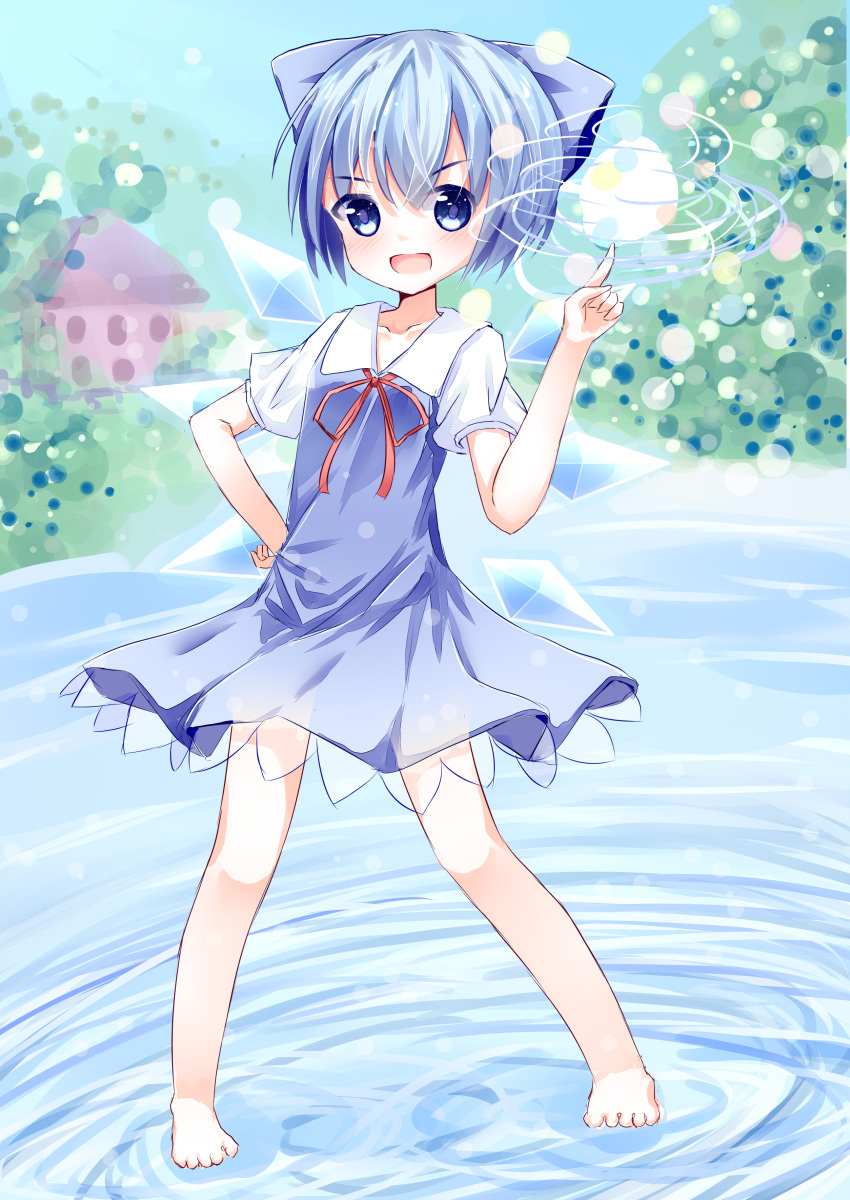 1girl, absurdres, barefoot, blue_eyes, blue_hair, blurry, blush, bob_cut