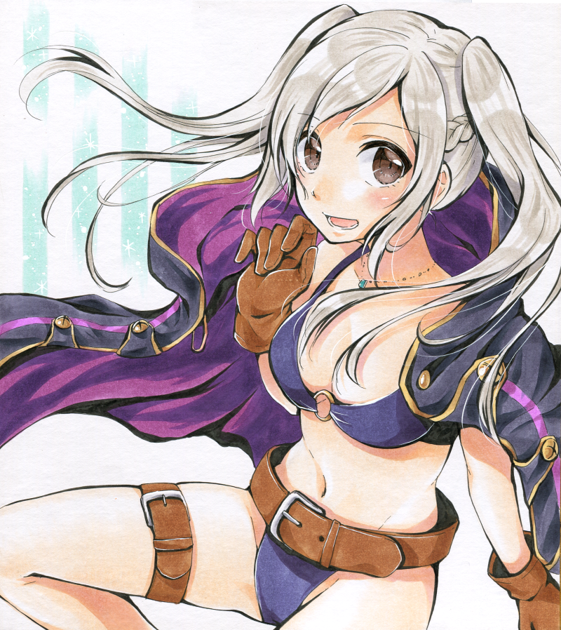 1girl, belt, bikini, braid, breasts, brown_eyes, cleavage, cloak