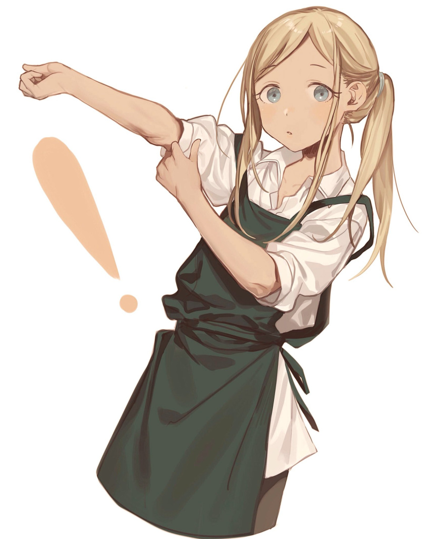 !, 1girl, apron, bangs, blonde_hair, blue_eyes, blush, collared_shirt