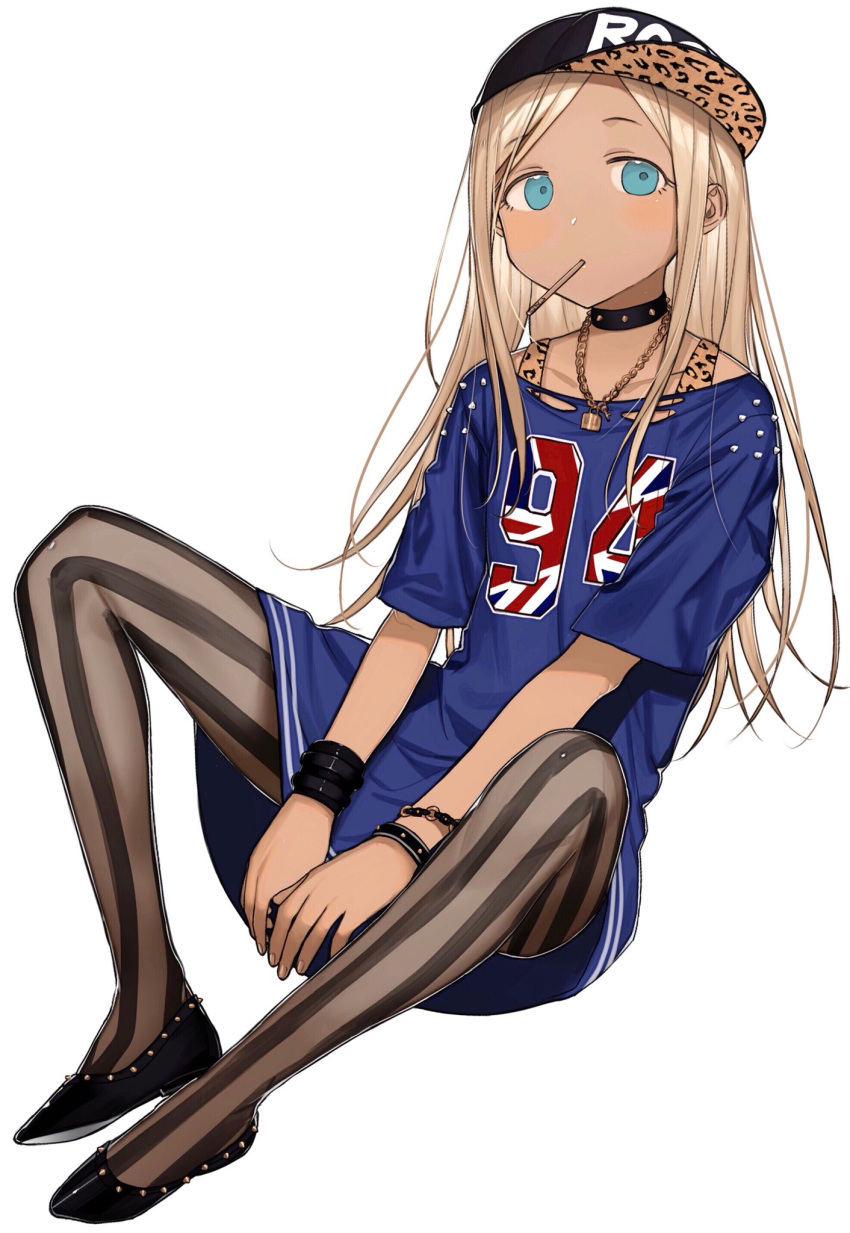 1girl, animal_print, bangs, bare_shoulders, baseball_cap, black_footwear, black_legwear, blonde_hair, blue_eyes, blue_shirt, blush, bracelet, choker, dark_skin, eyebrows_visible_through_hair, fingernails, full_body, hat, highres, idolmaster, idolmaster_cinderella_girls, jewelry, layla_(idolmaster), leopard_print, long_hair, looking_at_viewer, mo_(mokatampe), mouth_hold, necklace, number, off-shoulder_shirt, pantyhose, parted_bangs, popsicle_stick, shirt, shoes, short_sleeves, simple_background, sitting, solo, striped, striped_legwear, t-shirt, vertical-striped_legwear, vertical_stripes, white_background