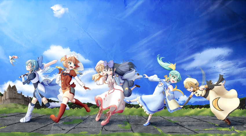 6+girls, alternate_costume, armor, ascot, axe, bike_shorts, black_hair, blonde_hair, blue_hair, boots, bow, breastplate, breasts, brown_hair, cape, cape_tug, capri_pants, cirno, city, cleavage_cutout, closed_eyes, clouds, commentary, daiyousei, detached_sleeves, dress, drill_hair, fairy, fangs, fantasy, fingerless_gloves, flat_chest, gauntlets, gloves, green_eyes, green_hair, grin, hair_bow, happy, hat, headdress, heart, highres, ice, ice_wings, jumping, knight, lily_white, long_hair, looking_back, luna_child, midriff, minigirl, multiple_girls, one_eye_closed, open_mouth, over_shoulder, pants, path, pink_hair, pouch, profile, road, running, sash, short_hair, shorts, side_ponytail, sky, sleeveless, sleeveless_dress, smile, standing, standing_on_one_leg, star, star_sapphire, sunny_milk, sword, texture, touhou, tripping, two_side_up, under_boob, wall, wan_tama, weapon, weapon_over_shoulder, white_dress, wings, wizardry