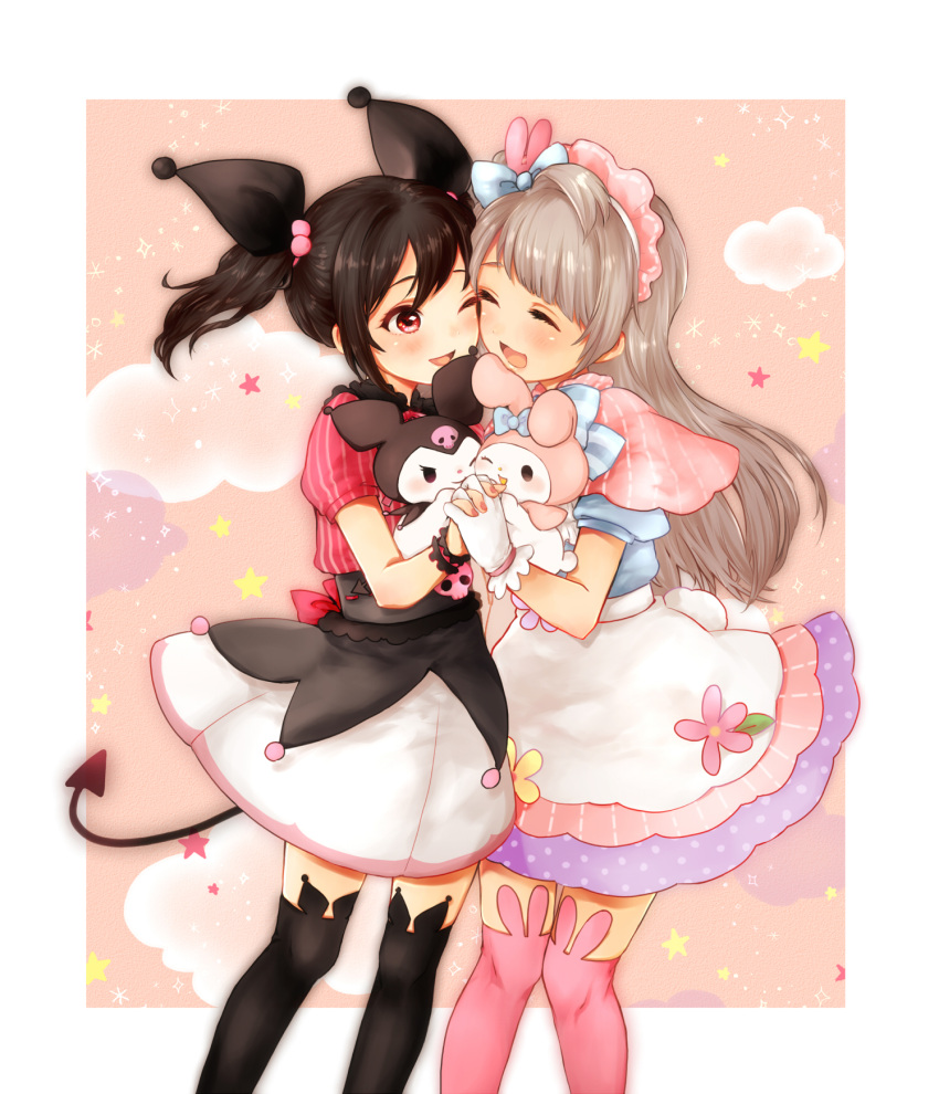 4girls, ;d, ^_^, animal_band_legwear, animal_ears, bangs, black_hair, black_legwear