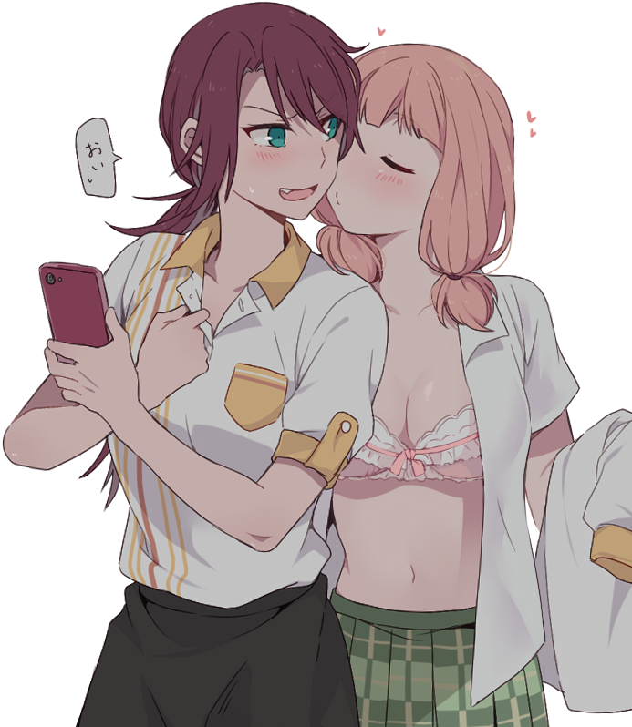 2girls, adjusting_collar, bang_dream!, bangs, black_skirt, blush, bra, breasts