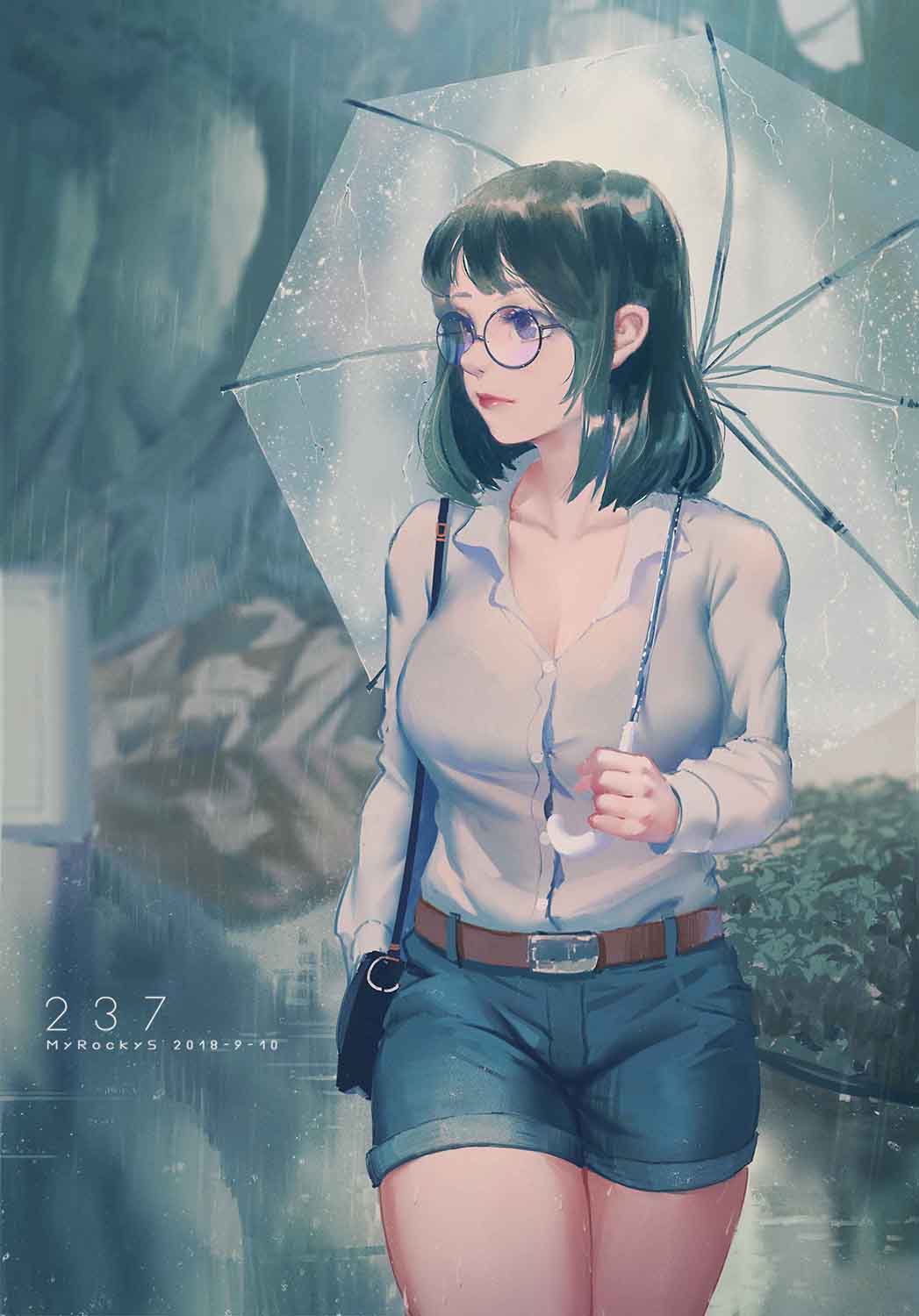 1girl, artist_name, bag, belt, black_hair, blurry, breasts, bush, cleavage, collarbone, cowboy_shot, dated, denim, denim_shorts, depth_of_field, eyelashes, glasses, handbag, highres, large_breasts, lips, lipstick, looking_to_the_side, makeup, medium_hair, muted_color, original, rain, shorts, solo, standing, umbrella, violet_eyes, walking, wudi_sao_nian