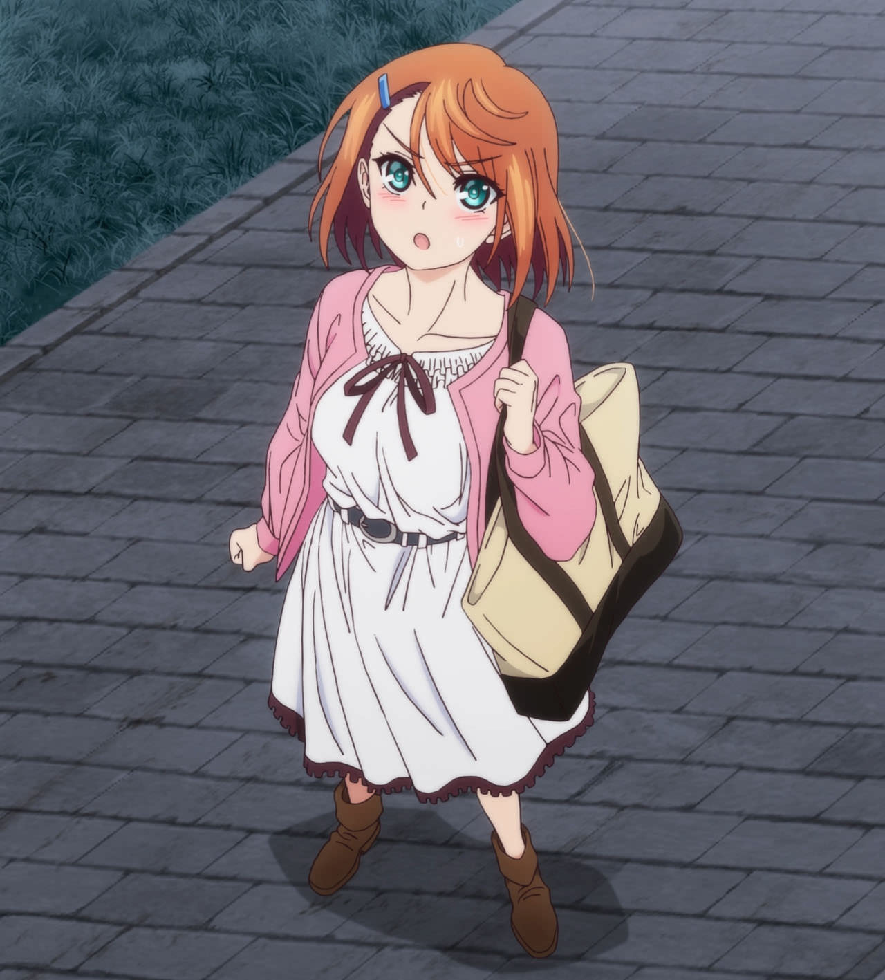 1girl, ankle_boots, aqua_eyes, blush, boots, brown_hair, casual, hair_ornament