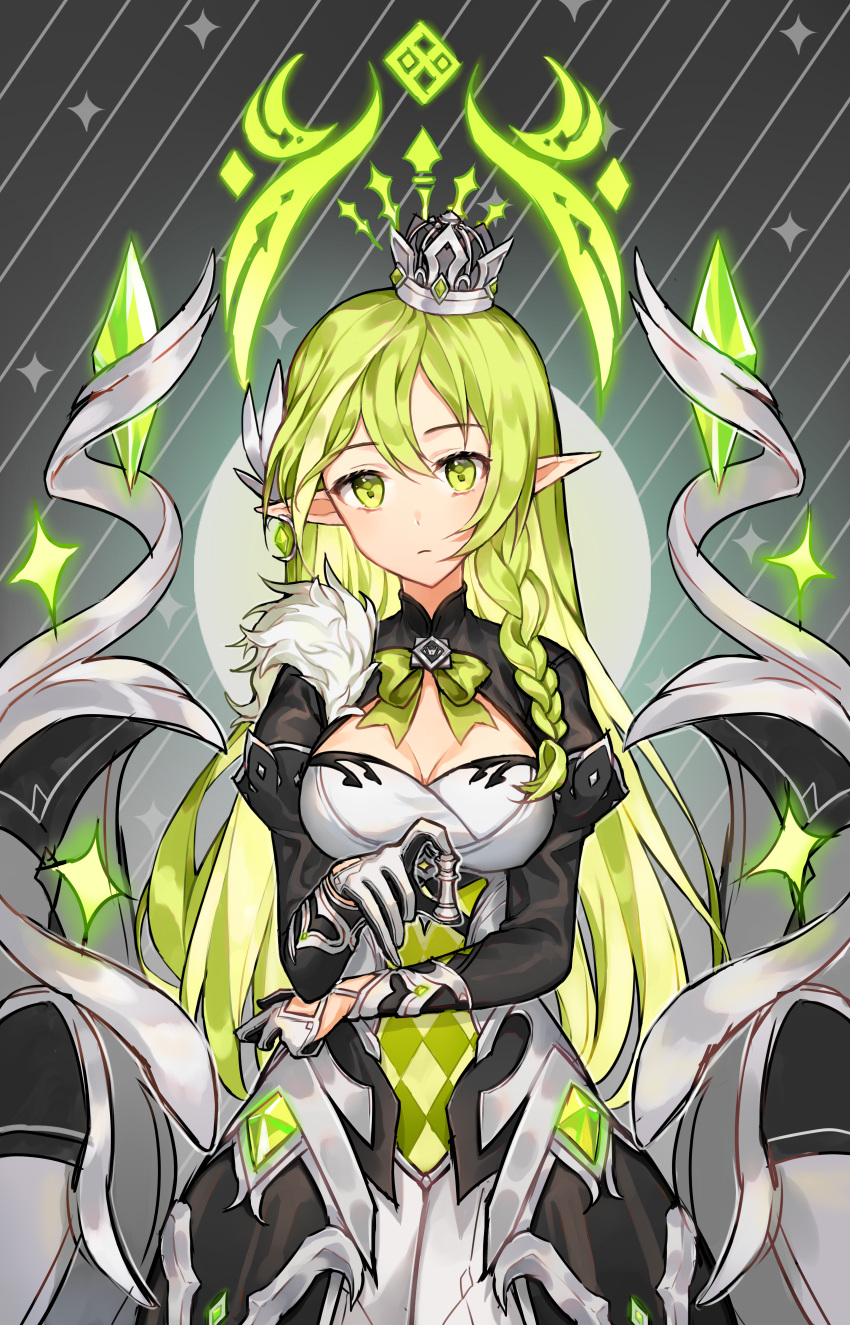 1girl, absurdres, alternate_costume, braid, breasts, chess_piece, cleavage, closed_mouth