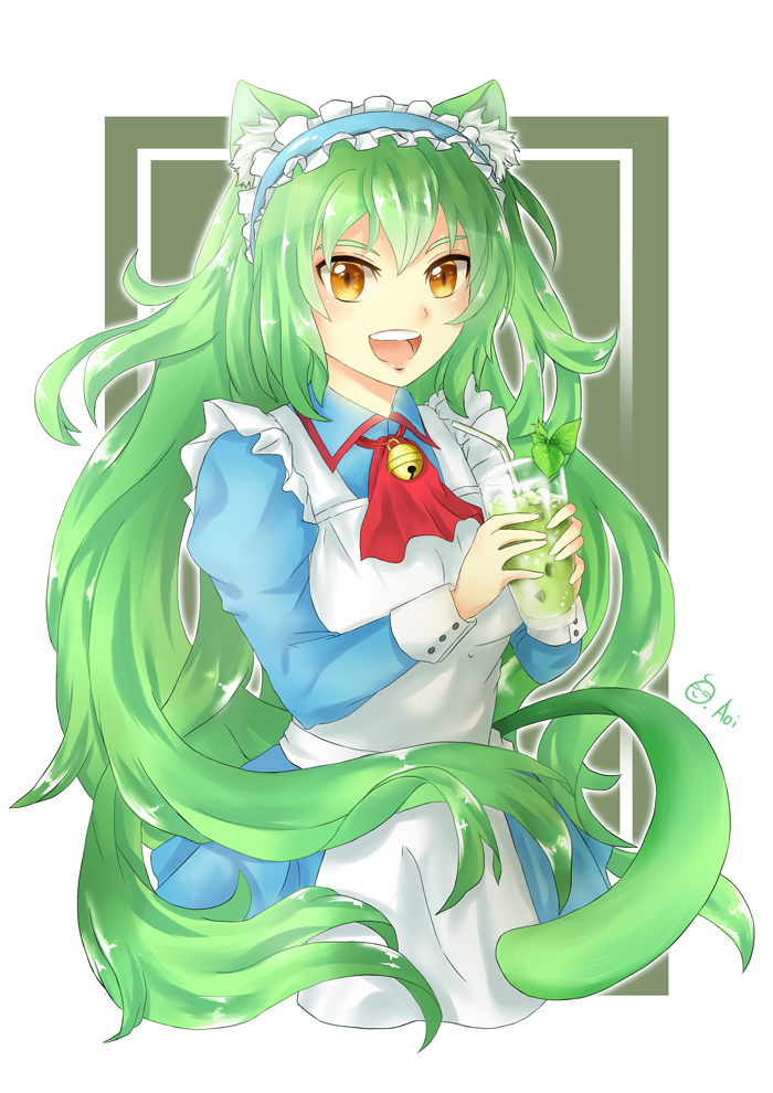 1girl, :d, animal_ear_fluff, animal_ears, apron, bangs, bell, borrowed_character, cat_ears, cat_girl, commentary, commission, cup, drink, drinking_glass, drinking_straw, english_commentary, green_hair, hairband, holding, holding_cup, jingle_bell, long_hair, looking_at_viewer, maid, maid_apron, maid_headdress, minami_farmuhan, mint, neck_bell, ookamiura_aoi, open_mouth, original, red_neckwear, round_teeth, signature, slit_pupils, smile, solo, tail, teeth, two-handed, very_long_hair, yellow_eyes
