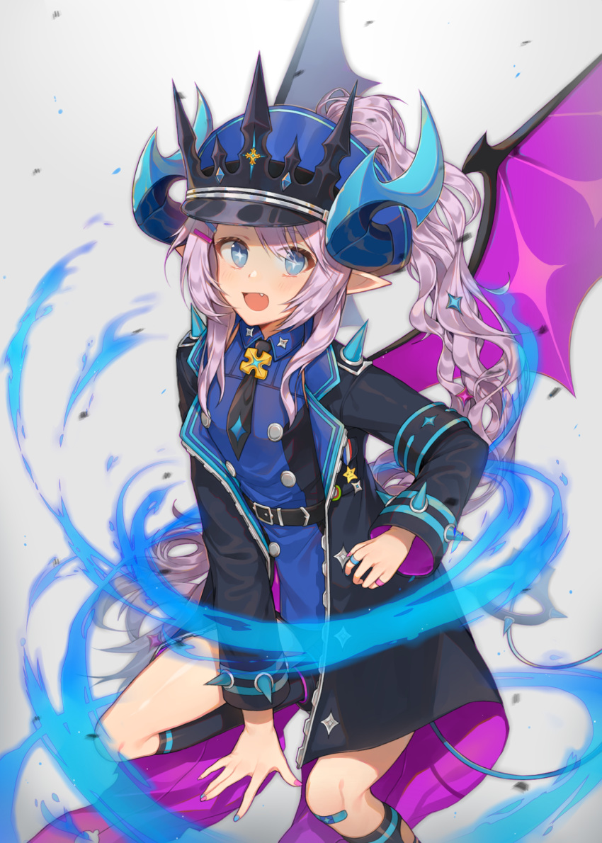 blue_fire, blush, cloak, crown_hat, cyg38801, demon_girl, demon_horns, demon_tail