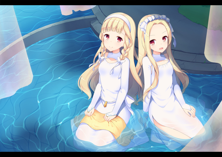 2girls, :d, amemiya_ruki, blonde_hair, braid, bridal_gauntlets, commentary_request, dress