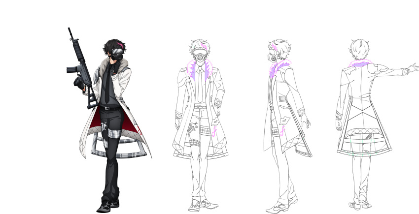 black_footwear, black_gloves, black_hair, coat, concept_art, f_(senjuushi), from_behind, full_body