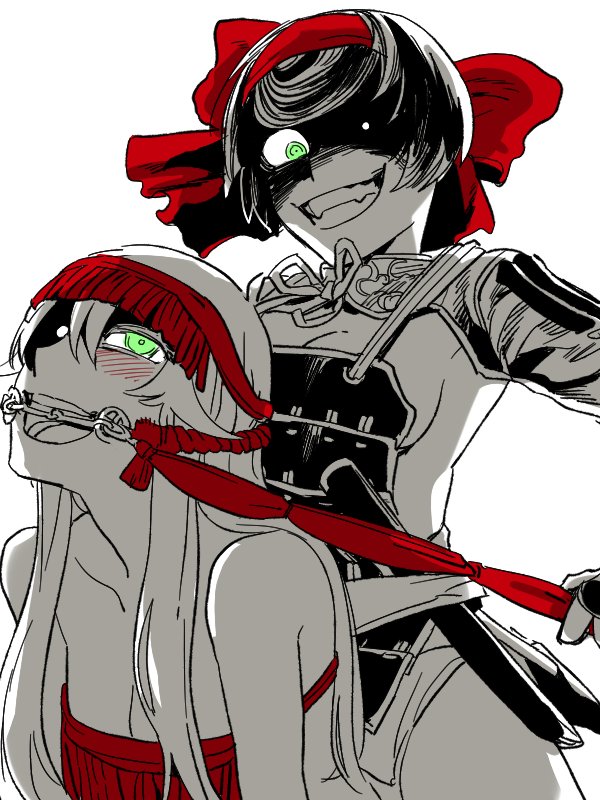 2girls, armor, bdsm, blush, bondage, bound, breasts, bridle