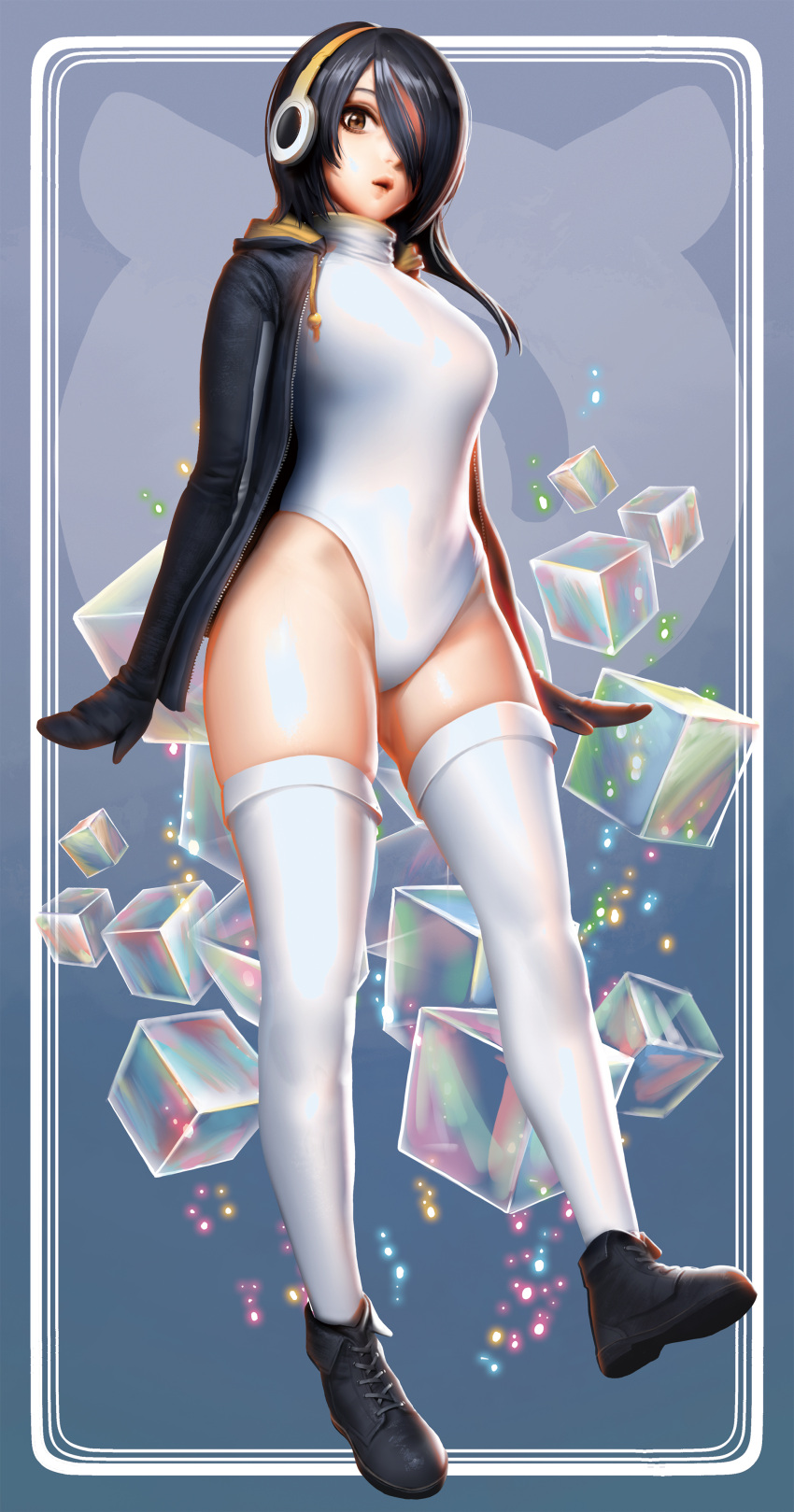 1girl, absurdres, arms_at_sides, asymmetrical_hair, bangs, black_footwear, black_hair, black_jacket, covered_navel, cube, drawstring, emperor_penguin_(kemono_friends), groin, h.a_(skfnxh5681), hair_over_one_eye, headphones, highleg, highleg_leotard, highres, hood, hood_down, hooded_jacket, jacket, japari_symbol, kemono_friends, leotard, lips, long_hair, long_sleeves, looking_at_viewer, multicolored_hair, open_clothes, open_jacket, parted_lips, redhead, sandstar, shoe_soles, shoes, skindentation, solo, streaked_hair, thigh-highs, turtleneck, two-tone_hair, unzipped, white_legwear, white_leotard, zipper