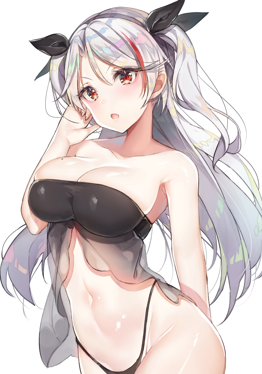 1girl, absurdres, alternate_costume, arm_behind_back, armpits, azur_lane, bangs, bare_shoulders, bikini, black_bikini, black_ribbon, blush, breasts, cleavage, collarbone, cowboy_shot, curvy, eyebrows_visible_through_hair, groin, hair_ribbon, hand_to_own_face, head_tilt, highleg, highleg_bikini, highres, large_breasts, long_hair, looking_at_viewer, mole, mole_on_breast, multicolored_hair, navel, open_mouth, prinz_eugen_(azur_lane), ribbon, see-through, shiny, shiny_skin, sidelocks, silver_hair, simple_background, skindentation, solo, stomach, streaked_hair, swimsuit, thighs, two_side_up, white_background, yayoichi_(yoruyoru108)