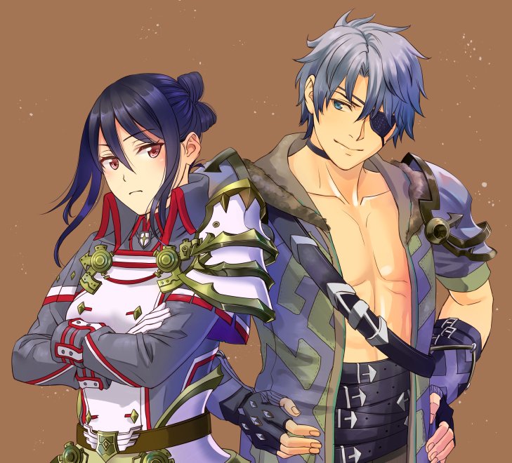 1boy, 1girl, armor, blush, eyepatch, gloves, jacket, long_hair, looking_at_viewer, meleph_(xenoblade), military, military_uniform, nintendo, ooshima_aki, pauldrons, reverse_trap, short_hair, silver_hair, simple_background, smile, uniform, white_background, xenoblade_(series), xenoblade_2, zeke_b_arutimetto_genbu