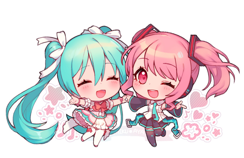 2girls, ;d, ^_^, aqua_hair, aqua_neckwear, bang_dream!, bang_dream!_girls_band_party!, bangs, black_legwear, blush, bow, bowtie, chibi, closed_eyes, collared_shirt, commentary, cosplay, costume_switch, crossover, detached_sleeves, eyebrows_visible_through_hair, flower, frills, grey_shirt, hair_ribbon, hands_together, hatsune_miku, hatsune_miku_(cosplay), heart, long_hair, looking_at_viewer, maruyama_aya, maruyama_aya_(cosplay), miniskirt, multiple_girls, musical_note, ng_(kimjae737), one_eye_closed, open_mouth, outstretched_arms, pink_bow, pink_eyes, pink_hair, pink_neckwear, pleated_skirt, pointing, ribbon, round_teeth, shirt, sidelocks, skirt, smile, spread_arms, standing, standing_on_one_leg, star, strap, symbol_commentary, teeth, thigh-highs, tie_clip, twintails, upper_teeth, very_long_hair, vocaloid, white_legwear, white_ribbon, wrist_bow