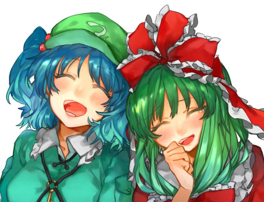 2girls, :d, ^_^, aqua_jacket, bangs, blue_hair, blush, breasts