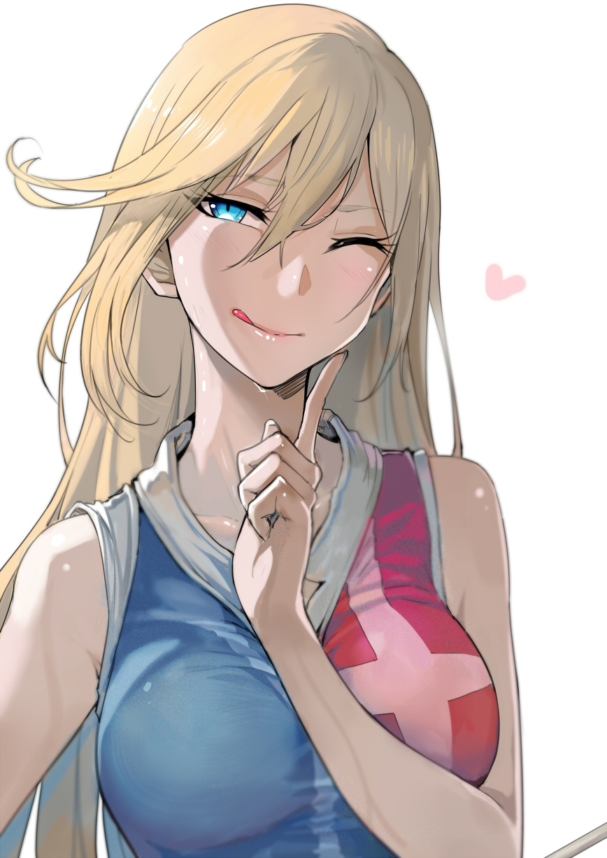 1girl, ;q, bangs, bare_shoulders, blonde_hair, blue_eyes, blush, breasts, closed_mouth, collarbone, connie_christensen, eyebrows_visible_through_hair, flying_heart, hair_between_eyes, half-closed_eye, hanebado!, head_tilt, heart, highres, index_finger_raised, large_breasts, long_hair, multicolored_shirt, one_eye_closed, shirt, sidelocks, simple_background, sleeveless, sleeveless_shirt, smile, solo, sportswear, sweat, taut_clothes, taut_shirt, tennis_uniform, tongue, tongue_out, upper_body, very_long_hair, walzrj, white_background