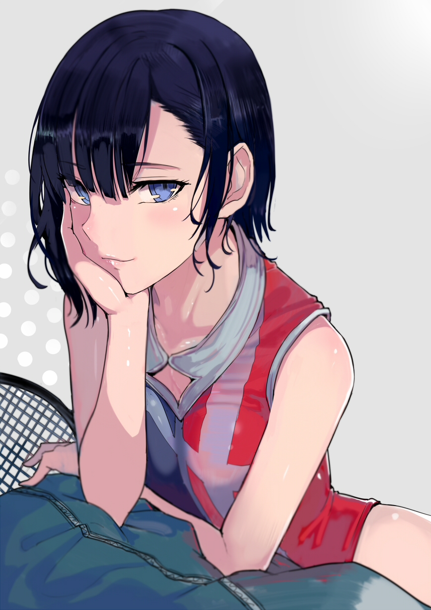1girl, asymmetrical_bangs, bag, bangs, black_hair, blue_eyes, duffel_bag, elbow_rest