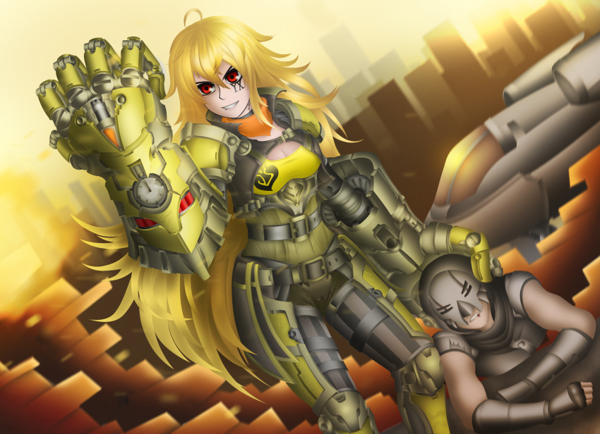 1girl, ahoge, belt, blonde_hair, breasts, cleavage, cosplay, crossover
