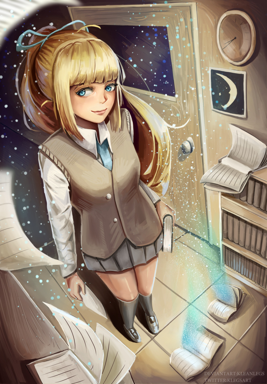 1girl, analog_clock, arm_at_side, artist_name, bangs, black_footwear, black_legwear, blonde_hair