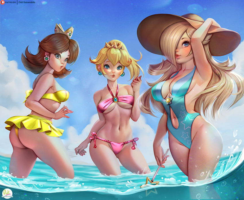 3girls, :o, armpits, ass, ass_visible_through_thighs, bare_shoulders, beach, bikini