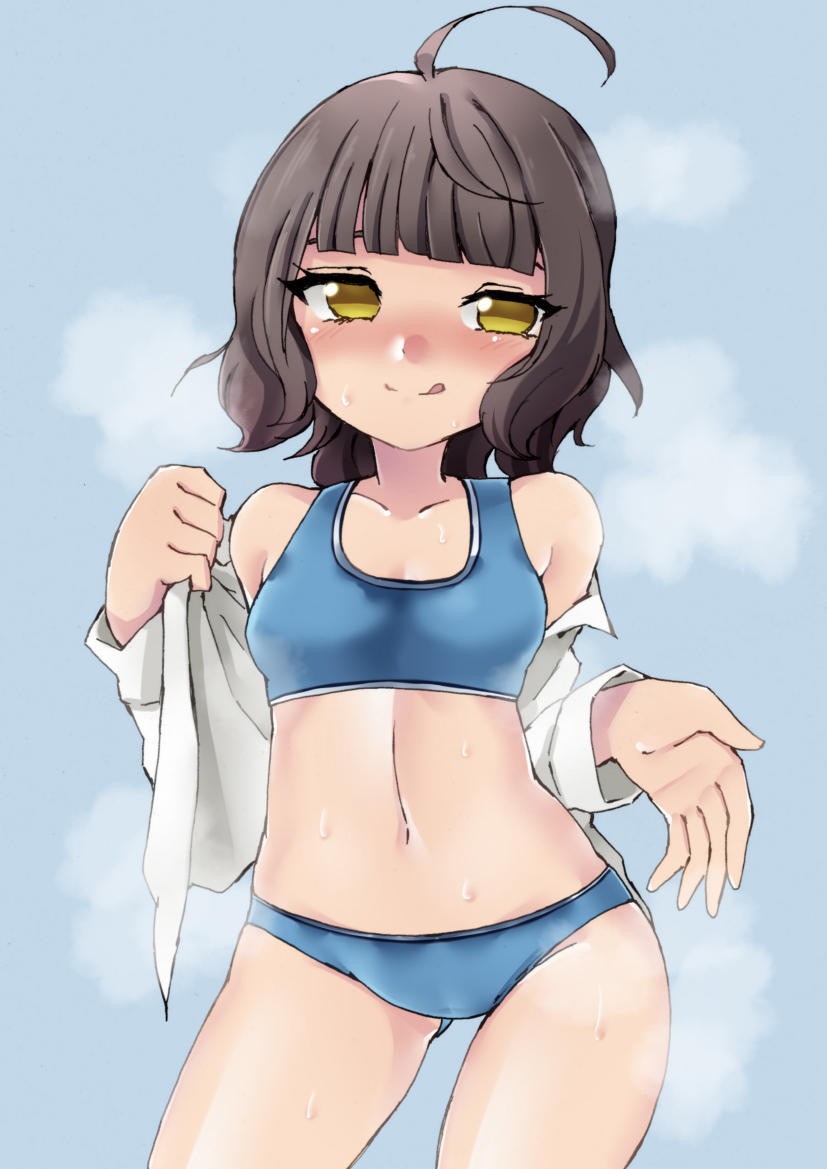 :d, asake_ameji, ass_visible_through_thighs, bangs, blue_background, blue_bra, blue_panties, blunt_bangs