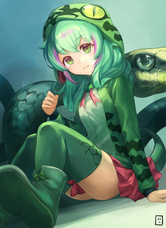1girl, boomslang_(kemono_friends), boots, commentary_request, eyebrows_visible_through_hair, green_eyes, green_hair, hood, hoodie, kemono_friends, long_hair, long_sleeves, multicolored_hair, neck_ribbon, pleated_skirt, redhead, ribbon, sitting, skirt, snake, snake_tail, solo, tail, tamamushi, thigh-highs, zettai_ryouiki