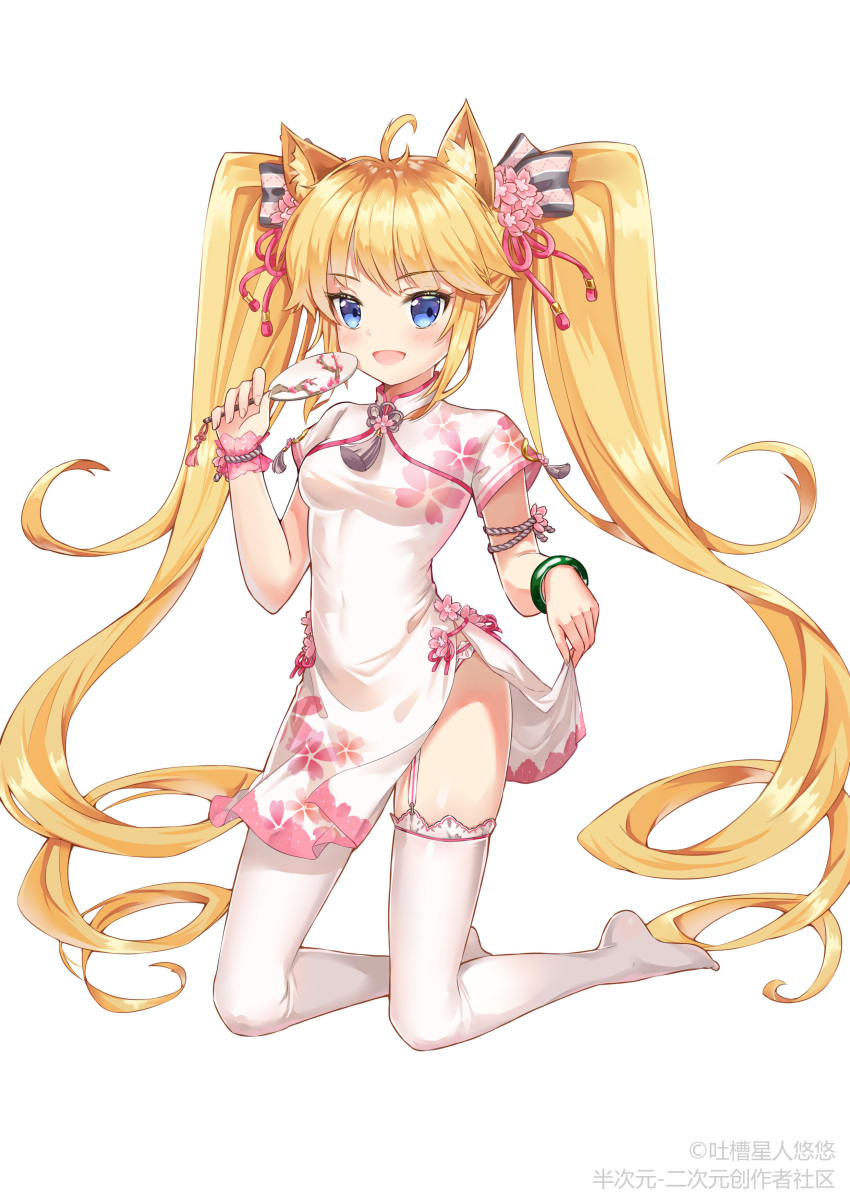 1girl, absurdres, andrea_doria_(zhan_jian_shao_nyu), animal_ears, blonde_hair, blue_eyes, blush, breasts, cat_ears, fan, full_body, hair_ornament, highres, kneeling, long_hair, looking_at_viewer, no_shoes, small_breasts, solo, table, thigh-highs, traditional_chinese, twintails, zhan_jian_shao_nyu