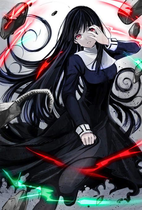 1girl, asagami_fujino, bangs, black_legwear, blue_dress, breasts, debris, dress, fate/grand_order, fate_(series), hand_on_own_face, kara_no_kyoukai, long_dress, long_hair, long_sleeves, looking_at_viewer, medium_breasts, mt966, outdoors, parted_lips, purple_hair, red_eyes, rubble, school_uniform, solo, tears