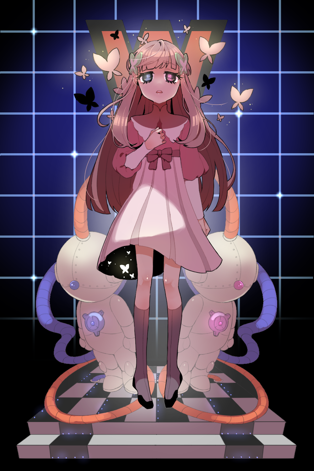 1girl, bangs, blunt_bangs, bow, brown_hair, bug, butterfly, butterfly_hair_ornament