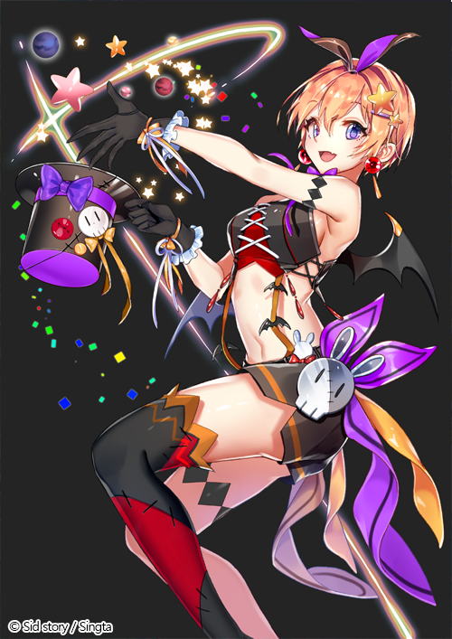1girl, :d, bare_arms, bare_shoulders, bat_wings, black_background, black_shorts, blonde_hair, bow, bowtie, breasts, crude_stitches, fang, gloves, hair_ornament, hairband, hairclip, halley, hat, interitio, looking_at_viewer, medium_breasts, midriff, navel, open_mouth, original, outstretched_arm, planet, short_hair, shorts, sid_story, sideboob, simple_background, sleeveless, smile, solo, star, stitches, thigh-highs, top_hat, violet_eyes, white_gloves, wings