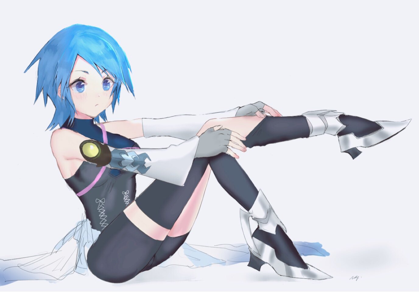 1girl, aqua_(kingdom_hearts), bare_shoulders, bike_shorts, black_legwear, blue_eyes, blue_hair, breasts, closed_mouth, detached_sleeves, dressing, fingerless_gloves, full_body, gloves, grey_gloves, high_heels, kingdom_hearts, kingdom_hearts_birth_by_sleep, leg_up, long_sleeves, medium_breasts, medium_hair, mizu_ramen, simple_background, sitting, solo, thigh-highs, turtleneck, white_background, zettai_ryouiki