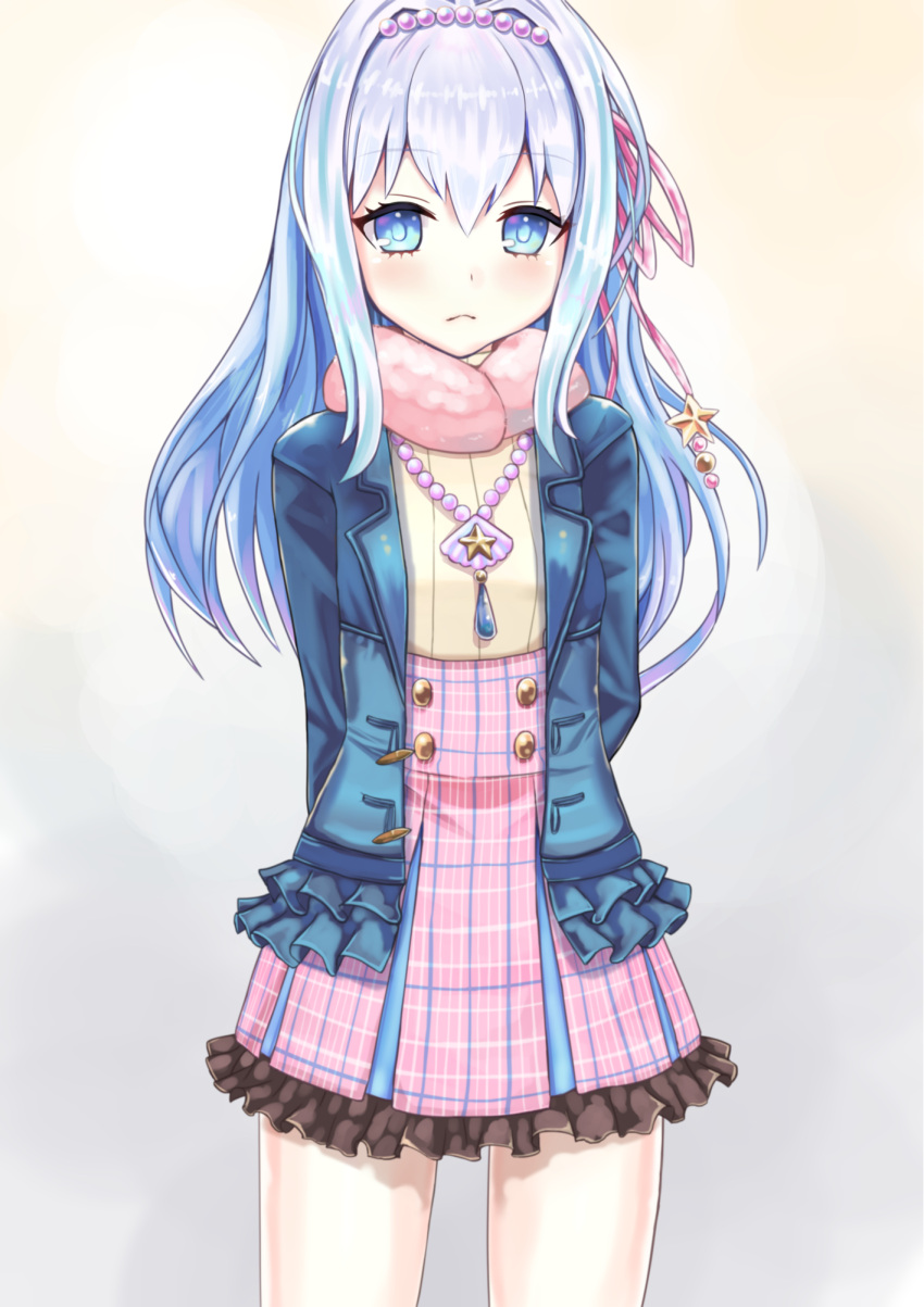 1girl, blue_eyes, blue_hair, blue_jacket, bow, chicken_(chickenx), closed_mouth, cowboy_shot