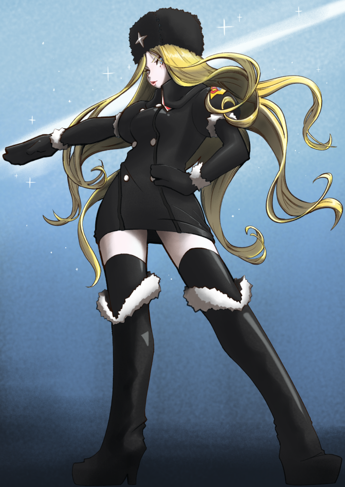 1girl, black_clothes, black_gloves, black_legwear, blue_background, boots, fur_hat, fur_trim