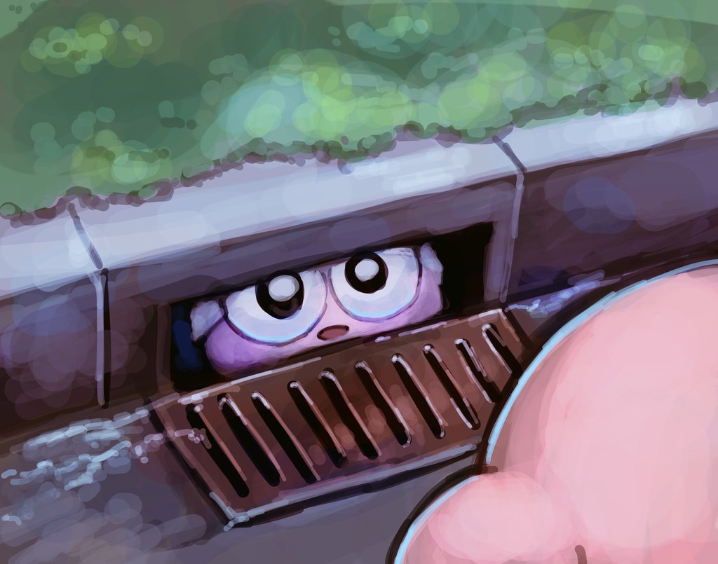 2boys, commentary_request, eye_contact, from_behind, grass, hoshi_no_kirby, it_(stephen_king), kirby